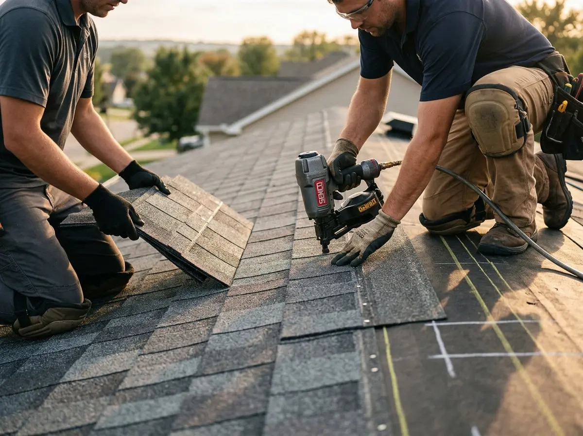 Professional roofer working on a residential roof in West Hartford